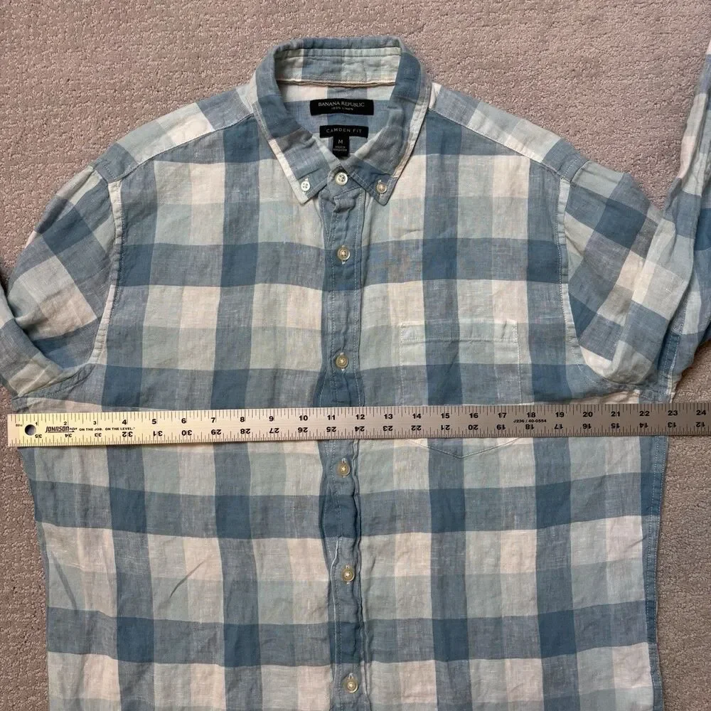 Banana Republic Shirt Camden Mens M 100% Linen Button Down Coastal Buffalo Plaid